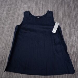 Go Silk Tank Top Womens L Navy Blue NEW 100% Linen Scoop Neck Sleeveless 50-T635
